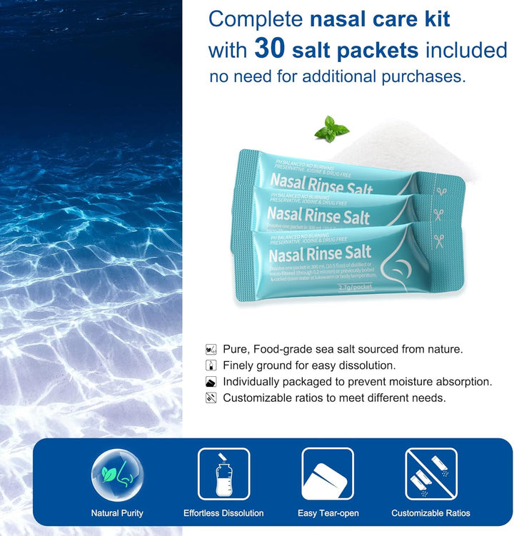 Neti Pot Sinus Rinse Squeeze Bottle Nose Wash Cleaner Pressure Rinse Nasal Irrigation for Adult & Kid BPA Free 300 ML with 30 Nasal Wash Salt Packets(Blue)