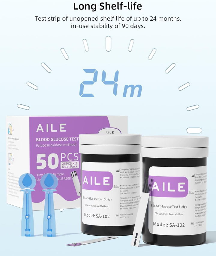 Blood Glucose Test Strips for Diabetics:  Blood Sugar Test Strips 50 PCS - 50 Lancets for Home Use - Only Use with A608 A601 A606 A616 W33 Blood Glucose Monitor