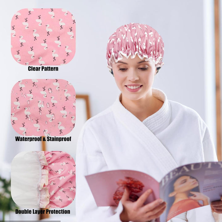 Shower Cap for Women, Elastic Band Waterproof Plastic Shower Cap, Double Layers Reusable with Ruffled Edge Covering Ears for Long, Short and Curly Hair (Pink Bird)