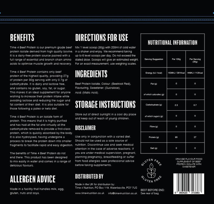 Time 4 Beef Protein Hydrolysed Beef Protein Isolate Gluten Free, Soy, Fat & Sugar Free - Virtually Carb Free, Delicious Fruity Flavours 60 Servings (1.8Kg, Orange Cooler)