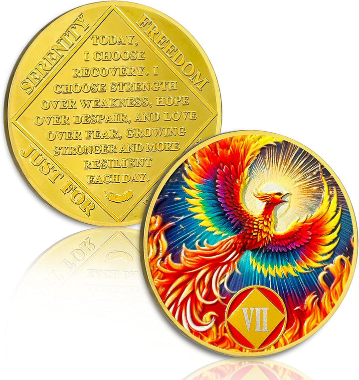 Phoenix of Light 1 Year Sobriety Coin, Phoenix One Years NA Coin, Addiction Recovery Sober Chip with Prayer - Beautifully Sobriety Gifts for Women Men - Applies to Narcotics Anonymous