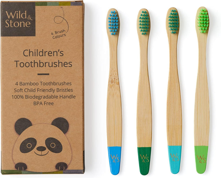 | Organic Children'S Bamboo Toothbrush | 4 Pack | Soft Fibre Bristles | 100% Biodegradable Handle | BPA Free | Vegan Eco Friendly Kids Toothbrushes (Multicolour)