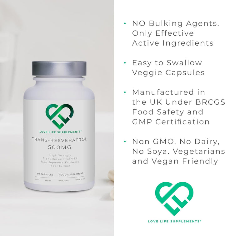 High Strength Trans-Resveratrol - 98% Purity (3Rd Party Tested) | 500Mg X 60 Capsules / 60 Servings | from Japanese Knotweed Root Extract | Pure Fill (Nothing Else Added) |