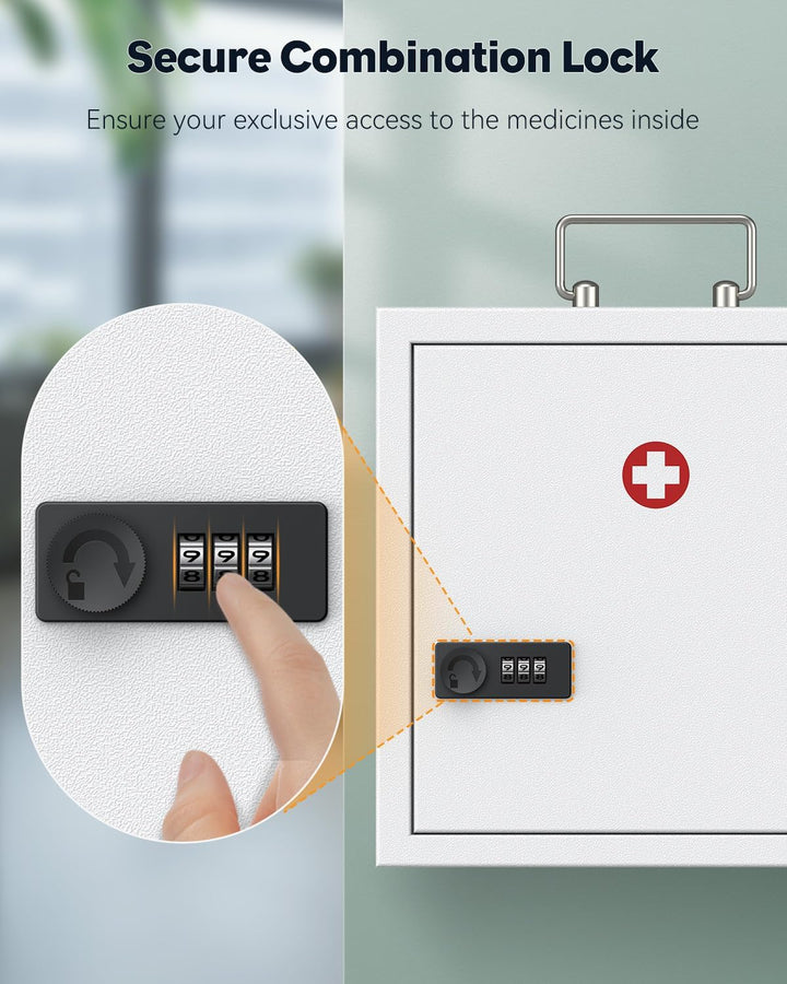 Wall Mount Medicine Cabinet with Combination Lock & Handle Locking First Aid Lockable Medical Safe Storage Box Medium Medicine Organizer Secure Steel Wall Cabinet Metal Storage Box
