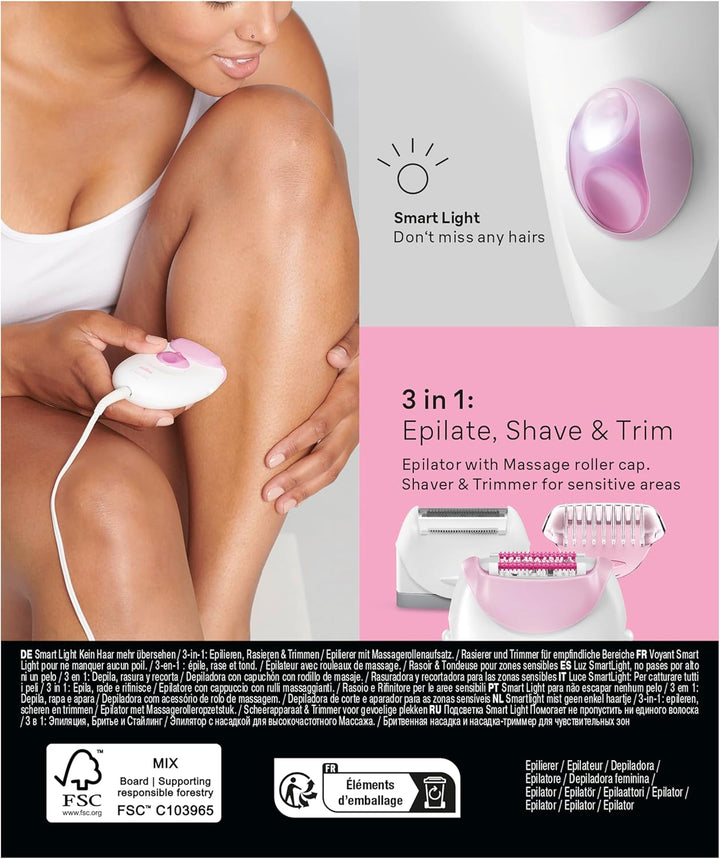 Silk-Épil 3, Corded Epilator for Hair Removal, Weeks of Smooth Skin, with Lady Shaver Head & Trimmer Comb, 3-031, Pink