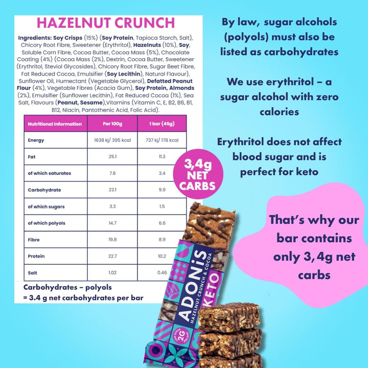 Hazelnut Crunch & Cocoa High Protein Keto Bars (16X45G) | Vegan & Keto-Friendly | 100% Natural Keto Snacks | Sugar Free, Palm Oil Free, Dairy Free | Low Sugar & Low Carb | Ideal for a Keto Diet