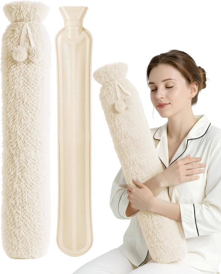 Hot Water Bottle 2L with Soft Faux Fur Cover, Leakproof Natural Rubber, Long Lasting Warmth for Neck, Back & Hands, Fluffy Cosy Design for Men & Women, Winter Comfort - Grey