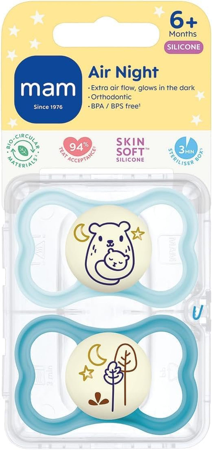 Air Night Soothers | 6 plus Months | 2 Pack | Glow in the Dark Dummies | Comes in Dummy Steriliser Case | Baby Accessories | Blue (Various Designs)