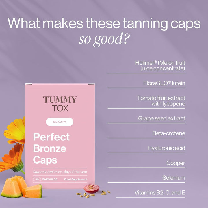 Self Tanning Capsules - Beta Carotene, Hyaluronic Acid, Lycopene, Copper, Selenium, and Vitamins - Perfect Bronze Caps, 30-Day Supply by
