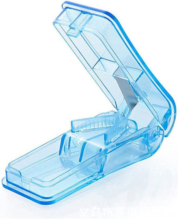 Pill Cutter, Portable Tablet Cutter with Blade and Storage Compartment 2-In-1 Pill Splitter Pill Case Half Quarter for Small or Large Pills Transparent Blue