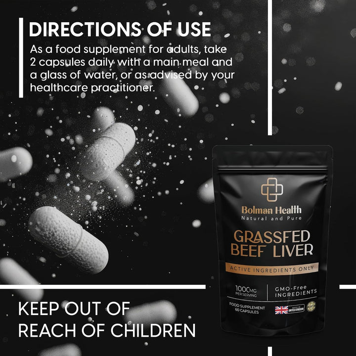 Grass-Fed Beef Liver Capsules | 1000Mg Freeze-Dried Bovine Liver | Supports Energy, Immunity, Metabolism & Vitality | 60 Capsules | High Protein Nutrient-Dense Superfood | Non-Gmo | Made in UK