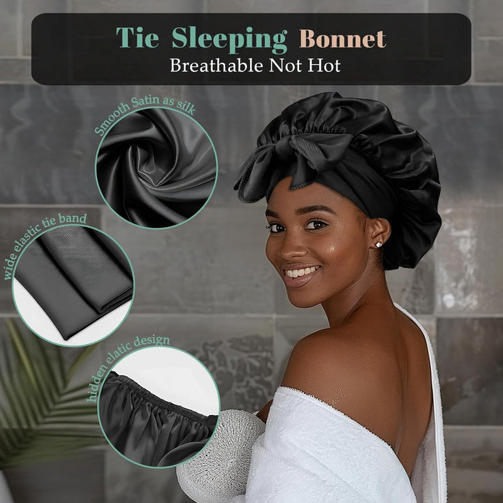 Silk Bonnet, Satin Bonnets for Sleeping, 1 PCS Adjustable Hairs Bonnetss for Women and Hairs Band, Hairs Silk Bonnet for Sleeping, Hairs Bonnets with Tie Band for Curly Hair Braid Women Black