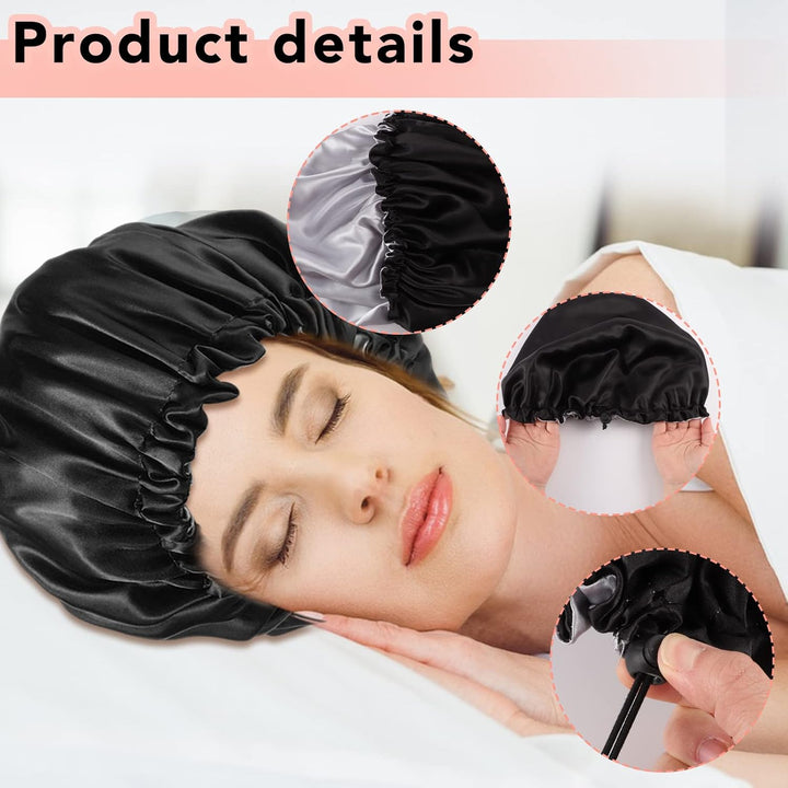 2 Pieces Adjustabl Bonnet, 36Cm Double Sided Satin Sleep Caps Night Sleep Hat for All Hair Lengths Women Curly Natural Hair Head Cover(Black+Pink)