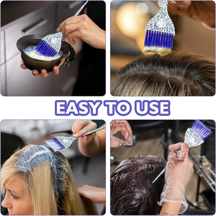 6-Piece Hair Dye Brush Set - Soft Bristle Tint Brushes with Glitter Handle for DIY Salon Hair Dyeing, 3 Colors
