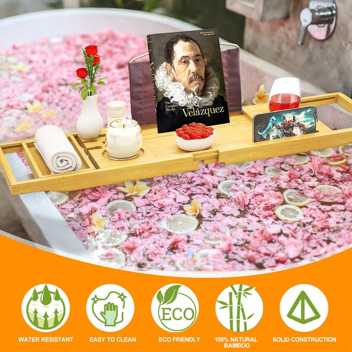 Bath Caddy Tray Expandable - Bath Trays for across the Bath - Bamboo Wooden, Fits Most Bath Tubs