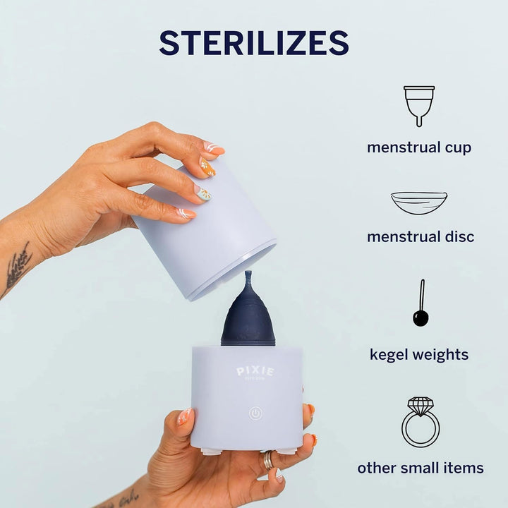 Pixie Menstrual Cup & Disc Steamer Sterilizer 2.0 - Kills 99.9% of Germs with Cleaner Steam - Wash Your Period Cup in 3 Minutes! - the Most Asked for Sensor On-Off Button & Must Have Cylinder Shape
