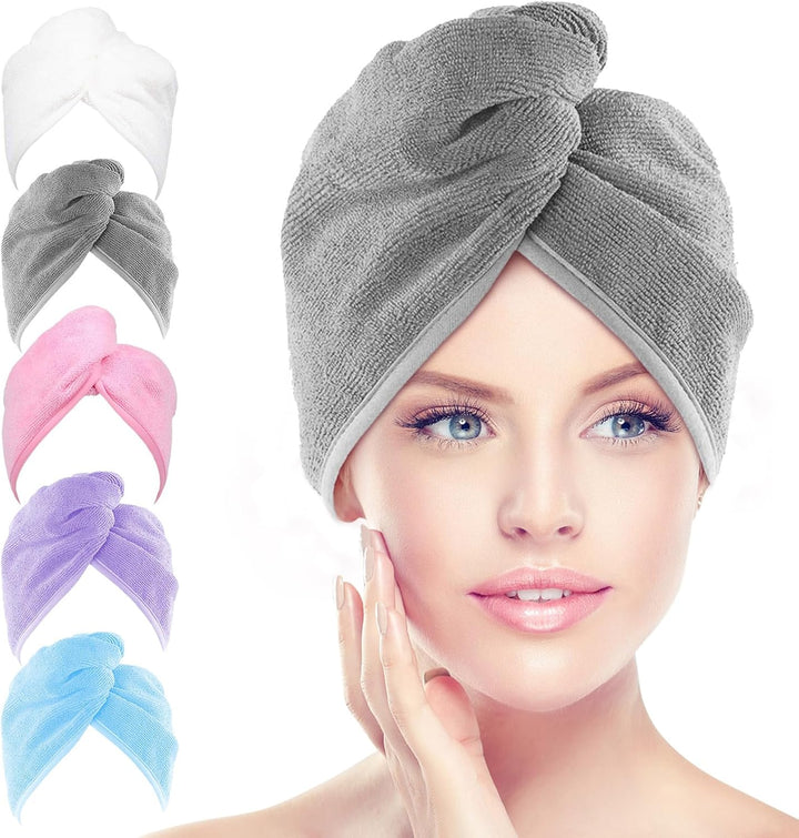 Microfibre Hair Towel Wrap, 5 Pack Hair Turbans, Super Absorbent Quick Dry Hair Towel Wrap for All Hair Types anti Frizz, 25X66Cm