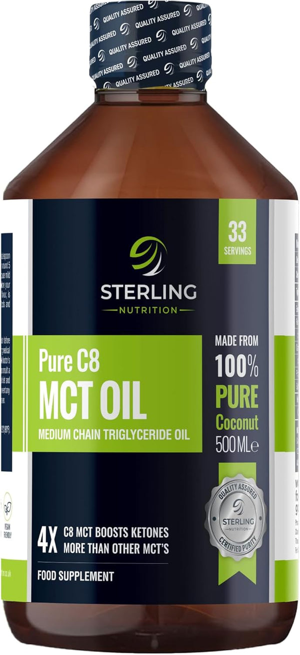 Pure C8 MCT Oil - 500Ml | 4X More Ketones for Keto Diet & Fasting | Safe & Premium Lab Tested 99.7% Purity | Made from 100% Sustainable Coconuts | Vegan Friendly & Gluten-Free |