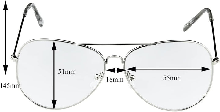 Ultra Adults Silver Frame Pilot Style Costume Glasses Retro Design Glasses Transparent Clear Lens Metal Eyewear Non Prescription Classic Fake Fashion Glasses for Men Women Eyeglass Decorative Eyewear
