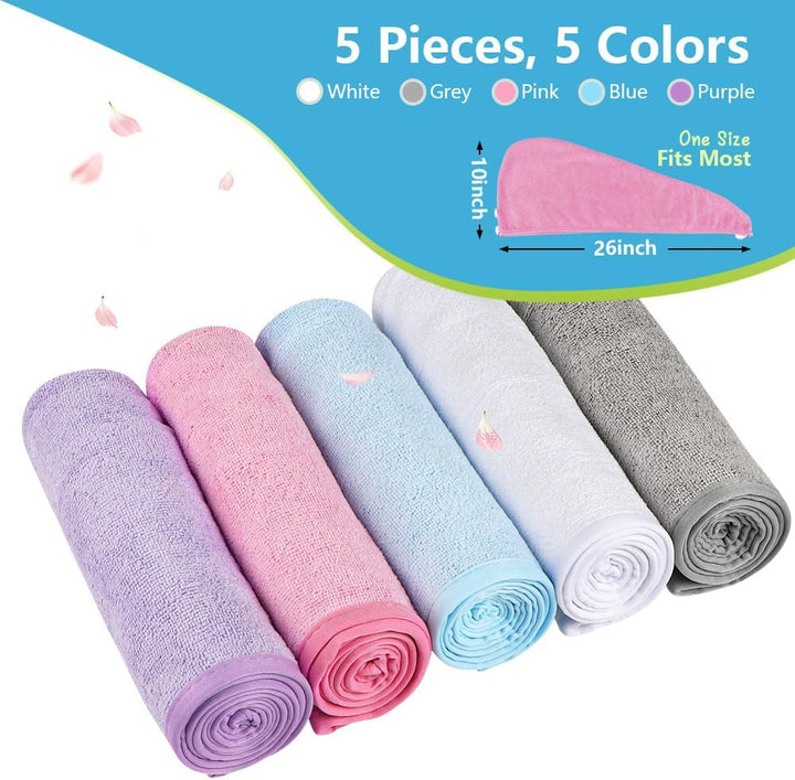 Microfibre Hair Towel Wrap, 5 Pack Hair Turbans, Super Absorbent Quick Dry Hair Towel Wrap for All Hair Types anti Frizz, 25X66Cm