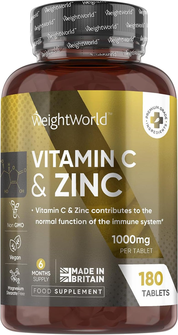 Vitamin C and Zinc Supplements - 6 Months Supply - 180 Tablets - 1 per Day - 1000Mg L-Ascorbic Acid & 10Mg Zinc Bisglycinate - Vegan-Friendly & Non-Gmo - Vitamin C Tablets for Men & Women