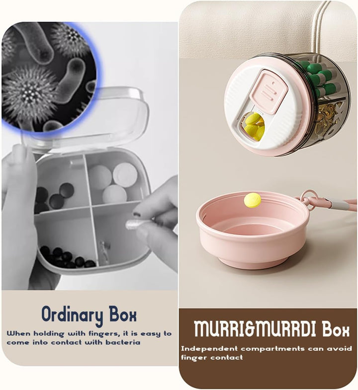 Small Pill Bottle Container, Cute Pill Dispenser with 4 Compartments, round Medicine Dispenser Pocket Purse Vitamin Fish Oil Organizer (Pink)