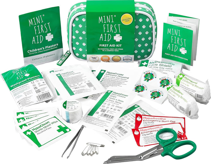 Kit - 90 Items Kids First Aid Kit Includes Plasters, Bandages, Scissors, Tweezers & Burn Gel – for Car, Home, Office, Travel & Camping - Ideal for Babies & Kids – as Seen on Dragons Den