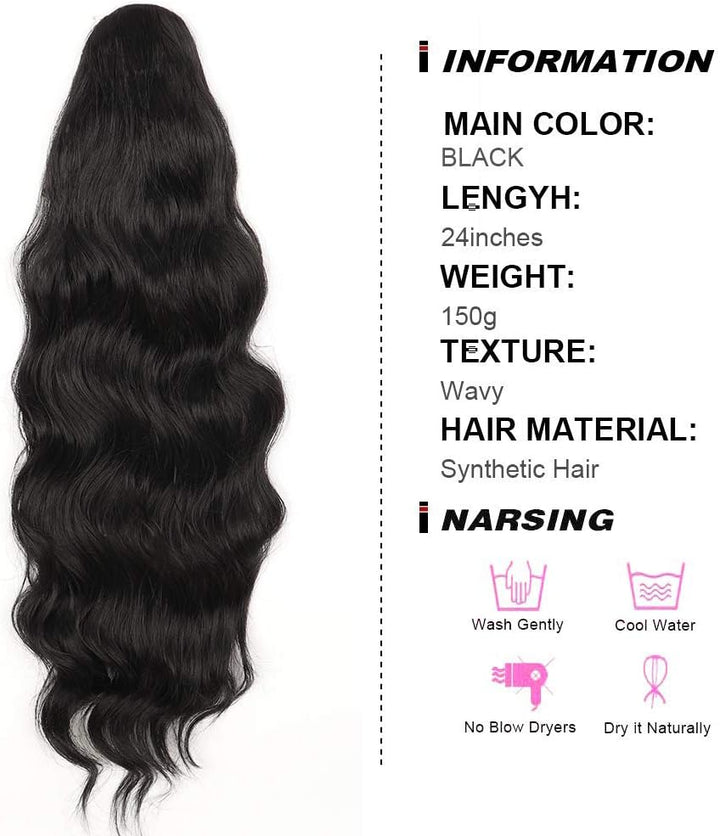 Long Wavy Ponytail Hair Extension for Black Women Drawstring Ponytail Hair Extensions Clip in Black Curly Synthetic Hairpiece
