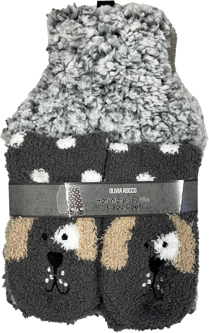 Hot Water Bottle & Socks Set Animal Design with Cover 1L Natural Rubber Thermotherapy Long Lasting Warm Winter Gift, Highland Cow