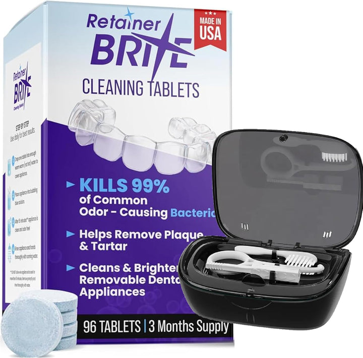 Retainer Brite Cleaning Tablets 96 Pack – Retainer Cleaner & Denture Cleaning Tablets with Retainer Box & Brushes – Aligner & Invisalign Cleaner for Teeth Retainers, Mouth Guard & Oral Hygiene