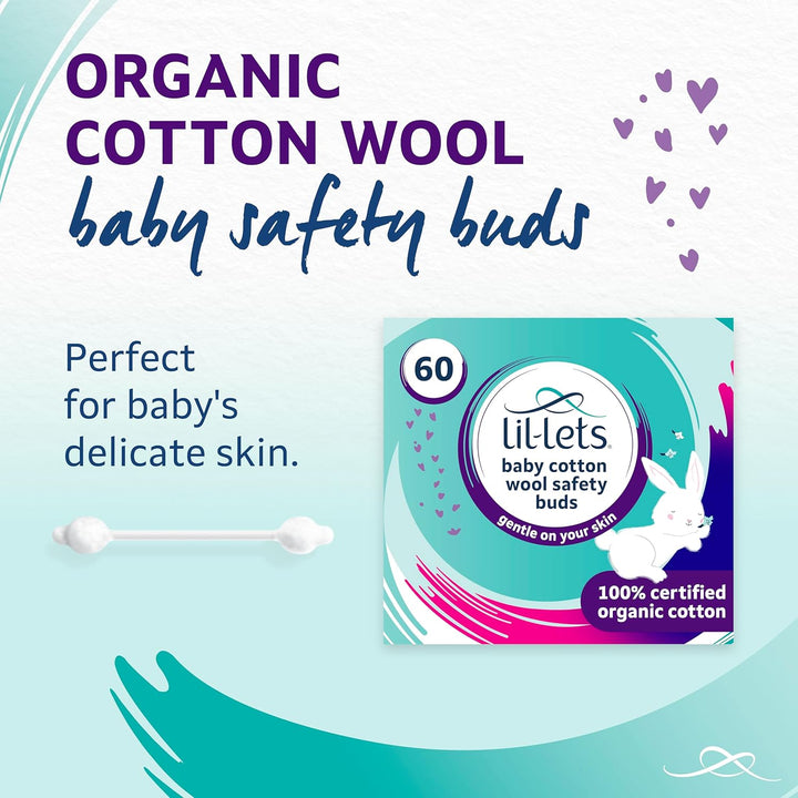 Baby Wool Safety Buds, 1 X Pack of 60, Certified Organic, 100% Pure Wool Tips, Durable Paper Stems, Plastic Free Cotton Buds, Dermatologically Tested.