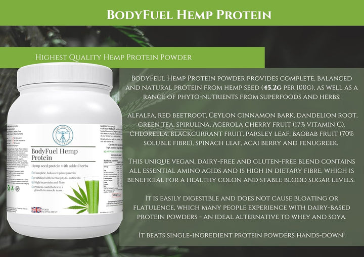 Bodyfuel Hemp Protein Powder plus 14 Superfoods & Phytonutrients – Spirulina, Chlorella, Acai Berry, Alfalfa - Non-Gmo Vegan Plant Protein Powder 500G