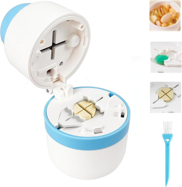 Pill Cutter, Stainless Steel Blade Pill Splitter with 1/2 & 1/4 Cutting, Airtight Storage Container, Portable Pill Cutters for Small or Large Pills(Blue)