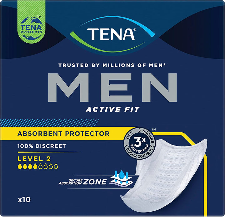 Men Absorbent Protector Incontinence Pads, Level 2, 60 Incontinence Pads (10 X 6 Packs) for Men of All Ages, Cup-Shaped for Medium Bladder Weakness, Urine Leakage and Drips
