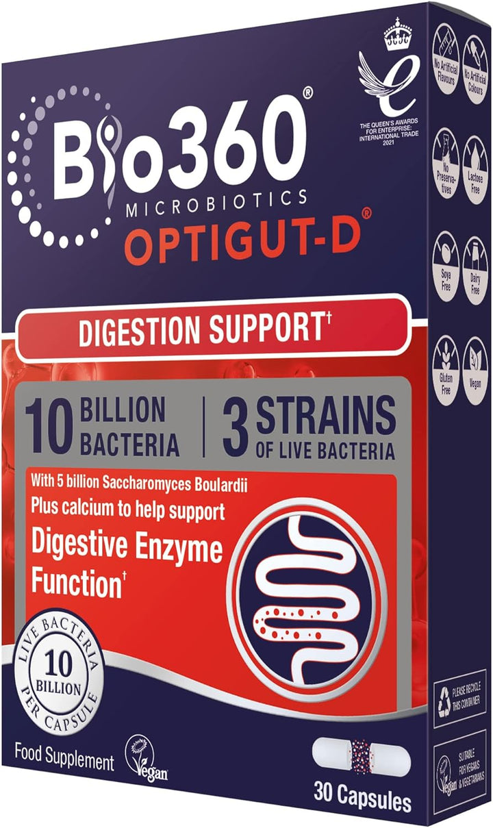 Bio360 Optigut-D Probiotic 10 Billion Live Bacteria - High Strength Vegan Digestive Gut Health Support - Gut Health Supplement for Adults & Kids - Gluten Free, Non-Gmo - 30 Capsules
