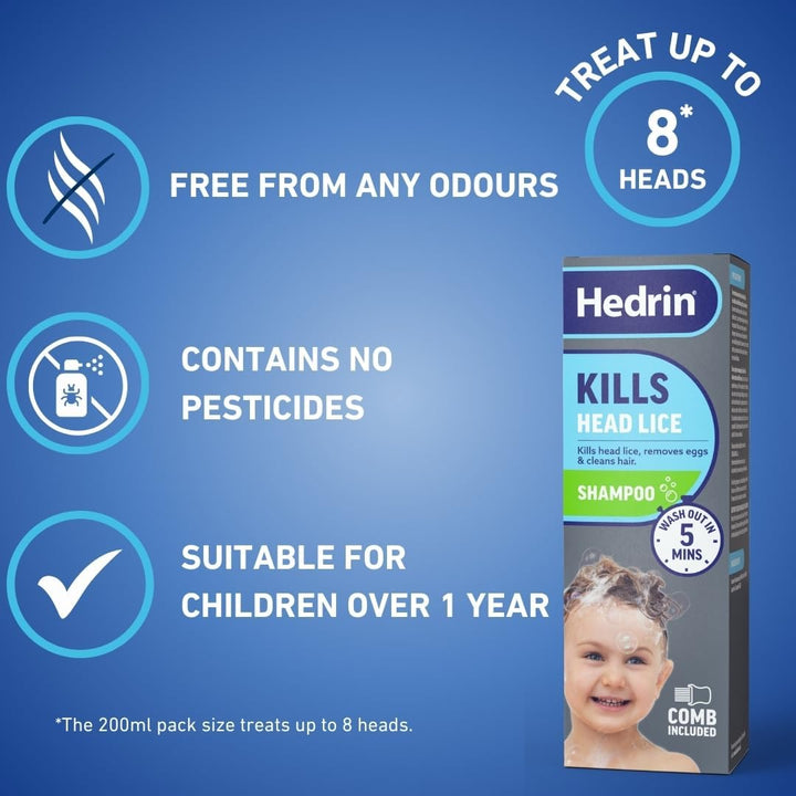 Head Lice Shampoo and Comb Kit, Kills Head Lice and Eggs in 5 Minutes, 8 Treatments, Clinically Tested, Suitable for Adults and Children, 200Ml, (Formerly All-In-One - Packaging May Vary)