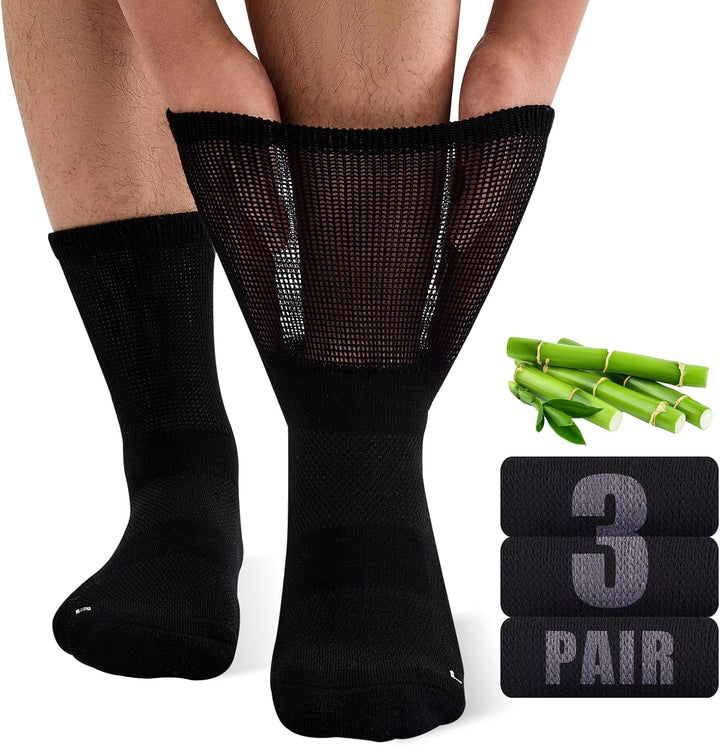 Bamboo Diabetic Socks for Men, Soft Top Cushioned Seamless Socks for Swollen Feet and Ankles, Loose Top Hospital Socks 3 Pairs