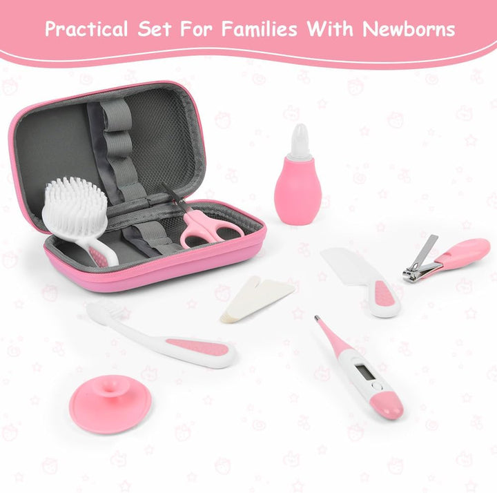 Baby Healthcare and Grooming Kit, Newborn Baby Care Accessories with Hair Brush, Comb, Nail Clippers, Thermometer, for Newborn Girls Boys(14 in 1, Pink)
