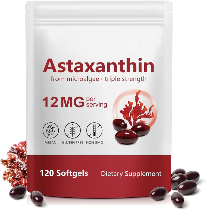 Astaxanthin Supplement 12Mg - 120 Softgels, Premium Astaxanthin Antioxidant Supplements, Fresh Microalgae Source | Supports Eye, Joint, Internal Circulation, Skin Health & Natural Tanning