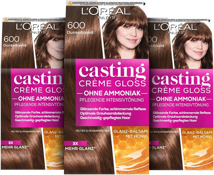 Casting Crème Gloss 600 Dark Blonde: This No-Ammonia, Semi-Permanent Hair Colour Lasts 32 Washes. Enjoy up to 3X Glossier, 4X Silkier, Visibly Healthier Hair with a Luminous Dark Blonde.
