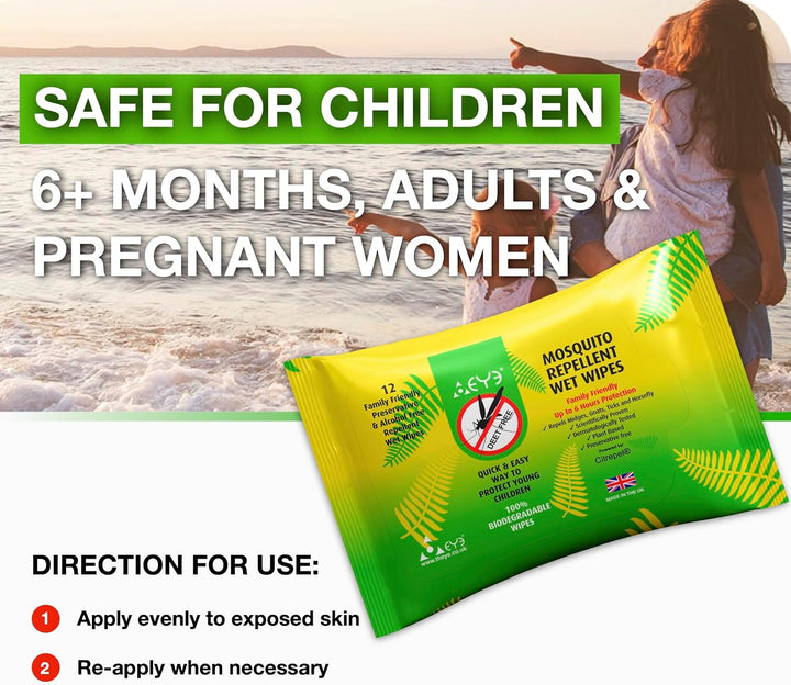 Mosquito Repellent Wipes - 100% Natural & Plant Based, Free of Deet, Alcohol & Harmful Chemicals - up to 6 Hours Insect Repellent Protection - for Sensitive Skin