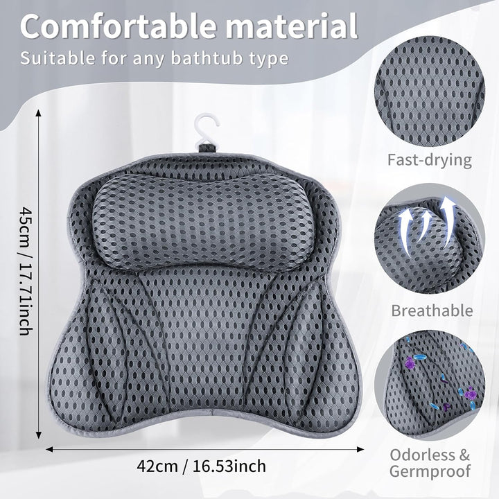 Bath Cushion,  Bath Cushion 4D Mesh Headrest with 6 Non-Slip Suction Cups Can Support Head, Neck, Back, for Bathtub, Home Spa