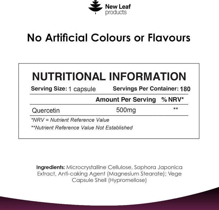 Quercetin 500Mg High Strength Antioxidant Supplements (6 Months Supply) 180 Vegan Pure Quercetin Capsules Easy to Swallow - One a Day - Gluten Free & Non-Gmo, Made in UK by New Leaf