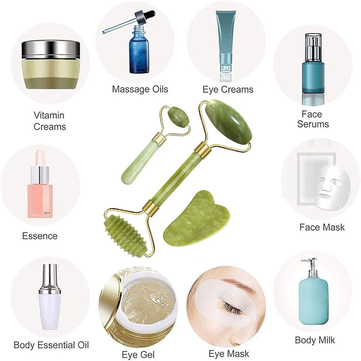 【3 Pcs】Jade Roller & Gua Sha Massage Kits,  Natural Anti-Aging Face Roller for Eye Puffiness Treatment, Skin Tightening, Rejuvenate Face & Neck, Natural Green Massager