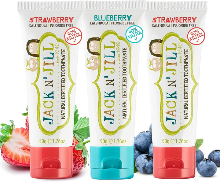 Jack N’ Jill Natural Certified Kids Toothpaste – Fluoride-Free Toddler & Baby Toothpaste with 40% Xylitol, No Sugar, Suitable from 6 Months+, Banana & Strawberry Flavour, Pack of 2 (50G Each)