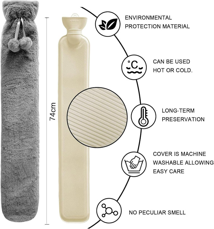 Hot Water Bottle  Extra Long Lilac Hot Water Bottle with Super Soft Fleece Cosy Cover Large Hand Feet Warmer, Neck and Shoulder Pain Relief