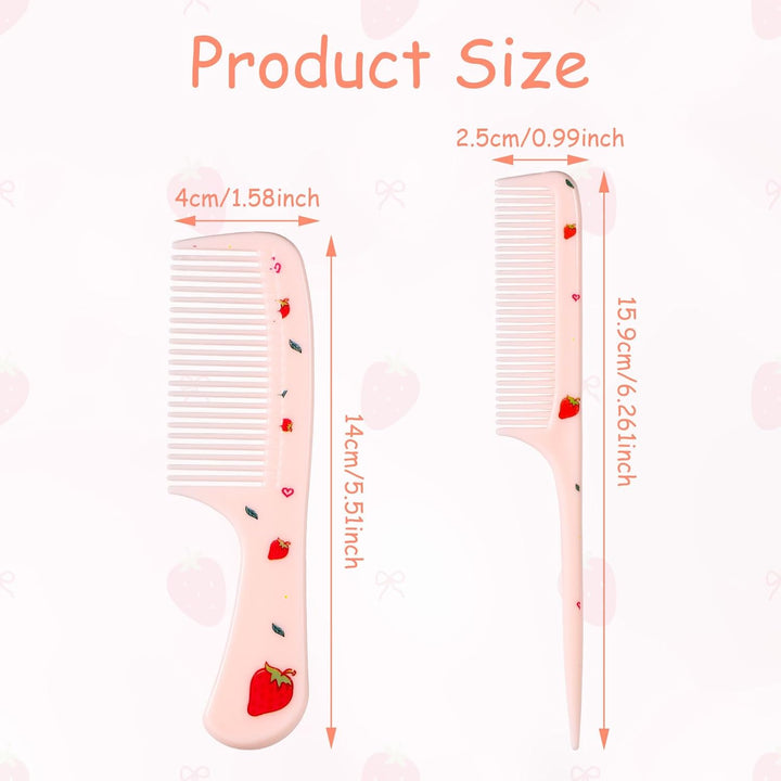 2Pcs Cute Hair Comb Set, Pink Strawberry Baby Comb Fine Tooth Comb & Rat Tail Comb Toddler Tiny Hair Brush Small Girls Comb Plastic Mini Comb Hair Parting Comb for Women Girls Kids All Hair Types