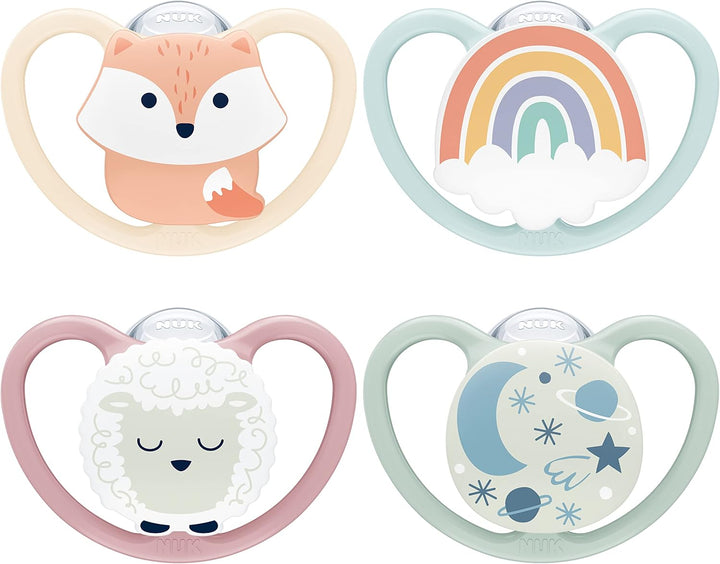 Space Day & Night Baby Dummy | 18-36 Months | Glow-In-The-Dark Soothers with Extra Ventilation for Sensitive Skin | Bpa-Free Silicone | Zebra & Lion | 4 Count