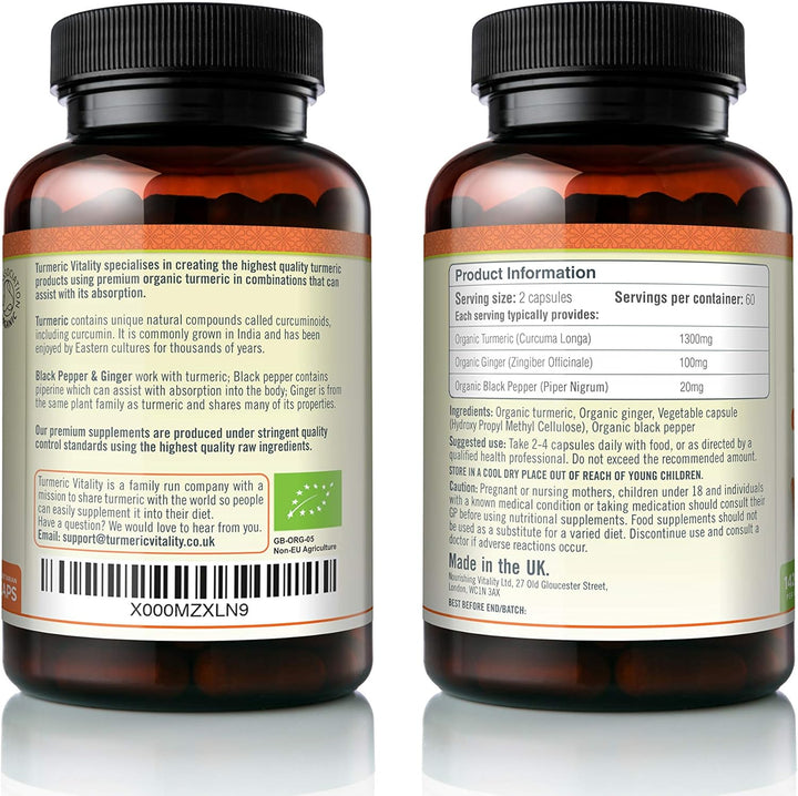 Organic Turmeric Curcumin Capsules 1420Mg High Strength Serving with Black Pepper & Ginger for Maximum Absorption of Curcumin | 120 Veg Capsules - Certified Organic Supplement