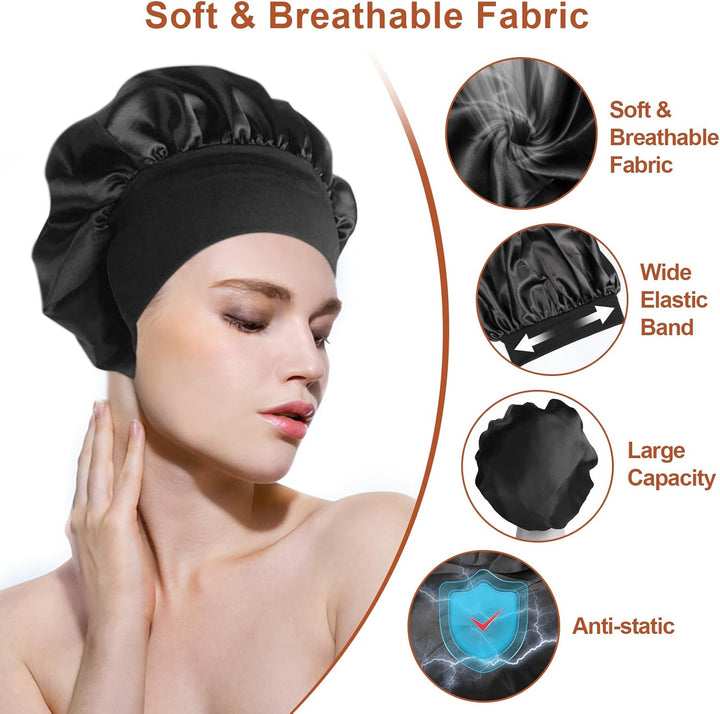 Silk Bonnet, Bonnets for Women, Satin Bonnet Hair for Sleeping, Silk Sleep Cap for Curly Hair Women, Soft and Comfortable for Night Sleep Curly Hair Protection (Black)